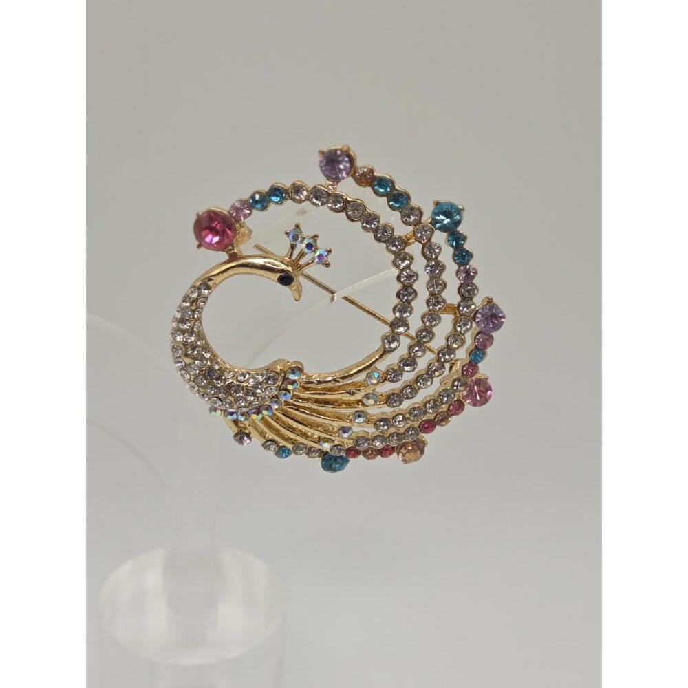 Vintage Peacock Brooch | Gold Tone Rhinestone Bird Pin with Crown |...